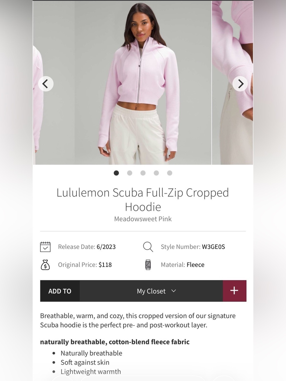Lululemon Scuba Full-Zip Cropped Hoodie In Meadowsweet Pink - Picture 6 of 6